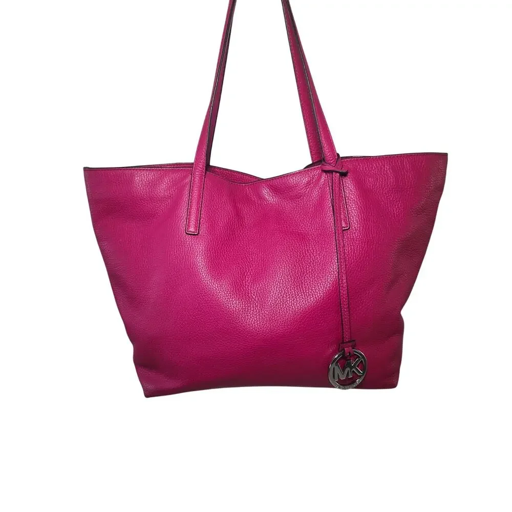Michael Kors Tote Bag Fuchsia Leather Silver Shoulder Minimalist MK Charm